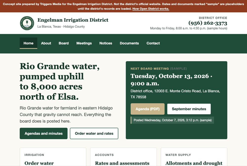 Home page of the Engelman Irrigation District concept site showing the next board meeting, the agenda link, and the posted-on stamp