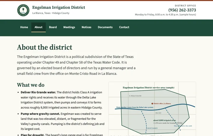 About page: what the district does, service-area map