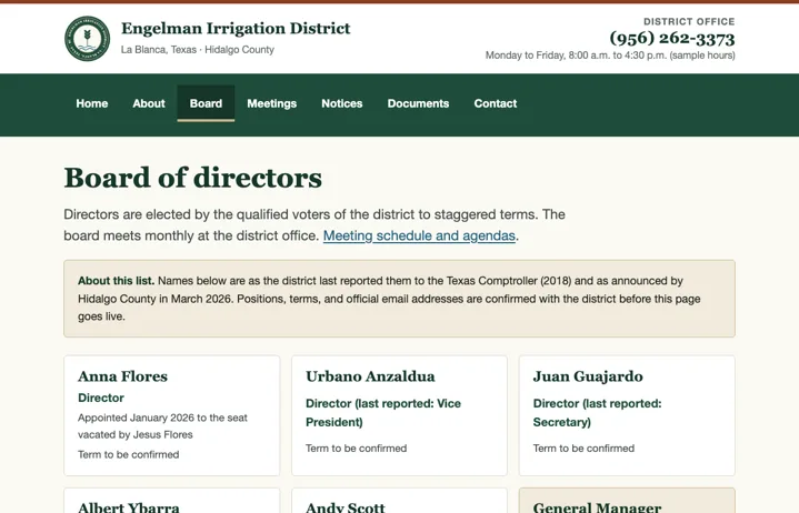 Board page: directors with terms and the next election