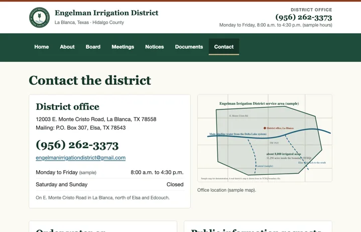 Contact page: office address, hours, map, records requests