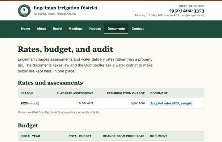 Documents page: rates, budgets, audit, Comptroller link