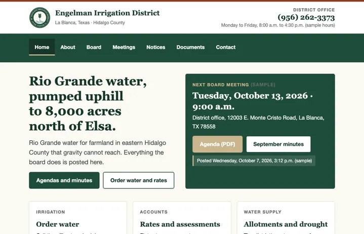 Home page: next board meeting card, agenda link, posted-on stamp, office phone in large type