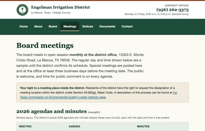 Meetings page: schedule, the meeting-place statement, agendas and minutes with posting dates