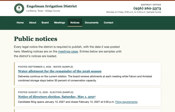 Notices page: dated legal notices
